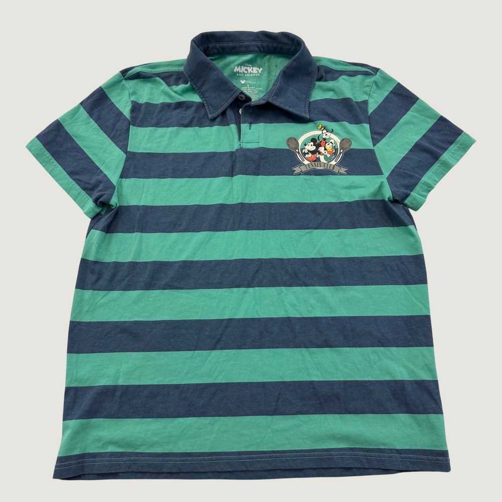 Disney Mickey Friends Tennis Club Polo Mens L Teal Navy Stripe Shirt Flaw